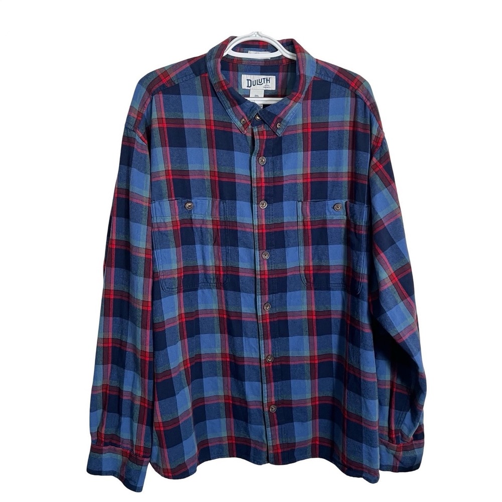 Duluth Trading Co Mens 2XL Relaxed Flannel Shirt Blue Red Plaid Untucked 3237